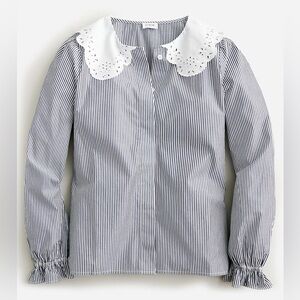 J Crew Lace-collar cotton poplin top in stripe button front long sleeve